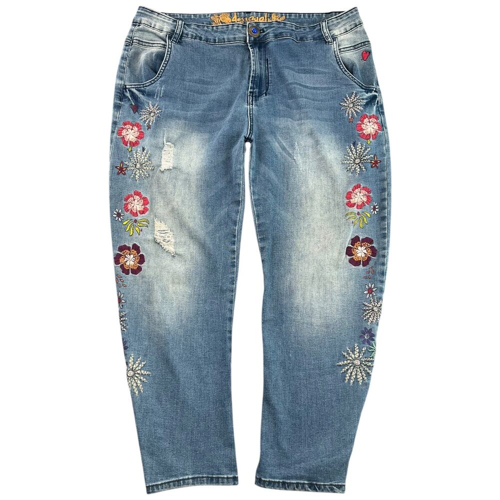 Desigual Brazzaville Floral Embroidered Jeans Women 34 Blue Stretch